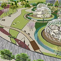 Modern Urban Public Space Featuring Curved Walkways Greenery Trees And Seating Areas