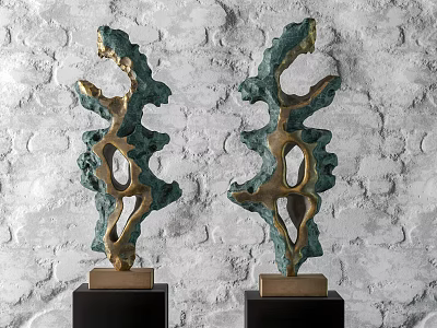 Abstract Green Gold Decorative Ornament Set On Black Base Against Gray Stone Wall 3d model
