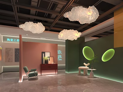 Modern Ceramic Art Gallery Interior With Cloud Shaped Lights Green Pink Walls And Exhibits 3d model