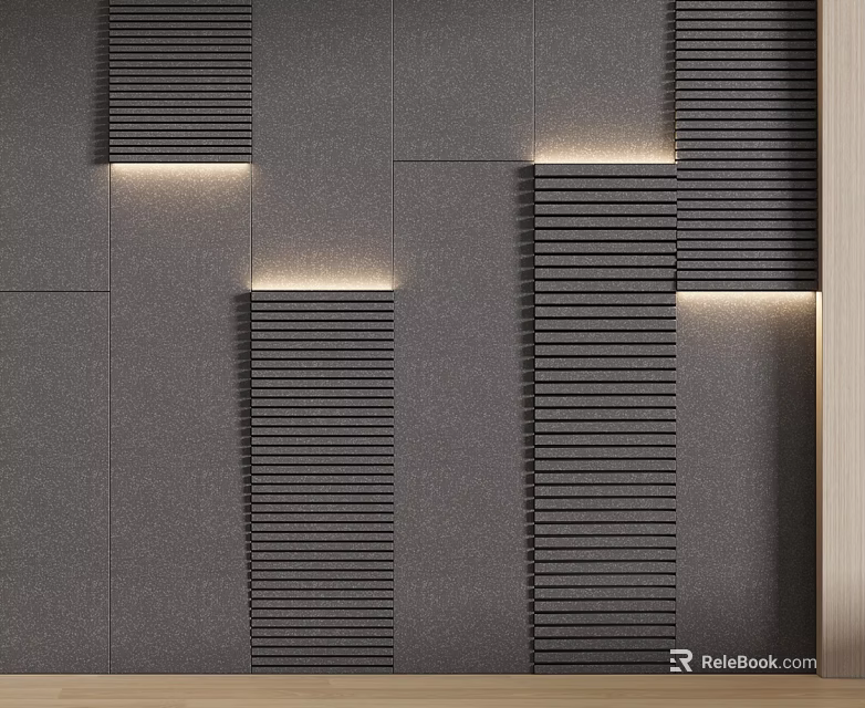 Modern Gray Interior Wall Featuring Vertical Ribbed Panels And Illuminated Accent Sections 3d model