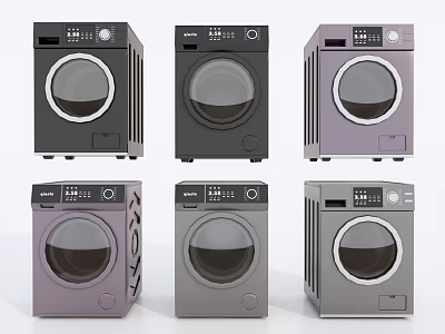 Modern Front Load Washing Machines In Various Colors With Control Panels 3d model