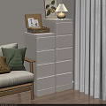 White Chest of Drawers with Yellow Vase in Modern Living Room Wooden Sofa Colorful Pillows