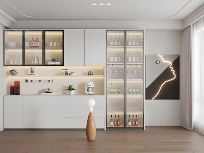 Modern White Wine Cabinet Design With Glass Doors Wine Bottles And Glassware 3d model