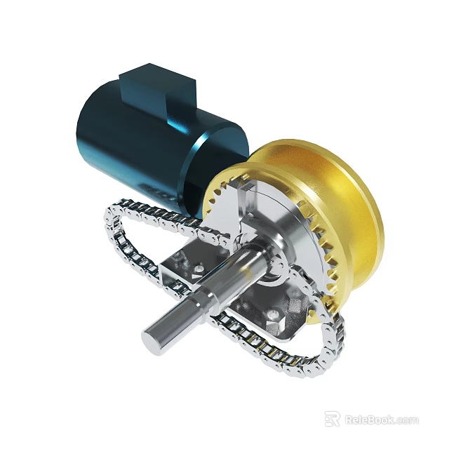 Mechanical Gear Assembly With Blue Motor Gold Gear Chain And Metal Shaft 3d model 