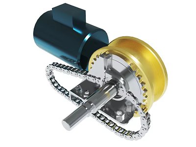 Mechanical Gear Assembly With Blue Motor Gold Gear Chain And Metal Shaft 3d model