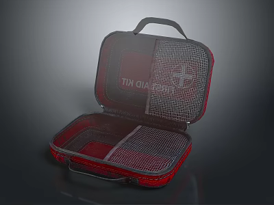 Portable Medical Device First Aid Kit with Opened Mesh Compartments and Red Black Design 3d model