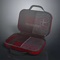 Portable Medical Device First Aid Kit with Opened Mesh Compartments and Red Black Design