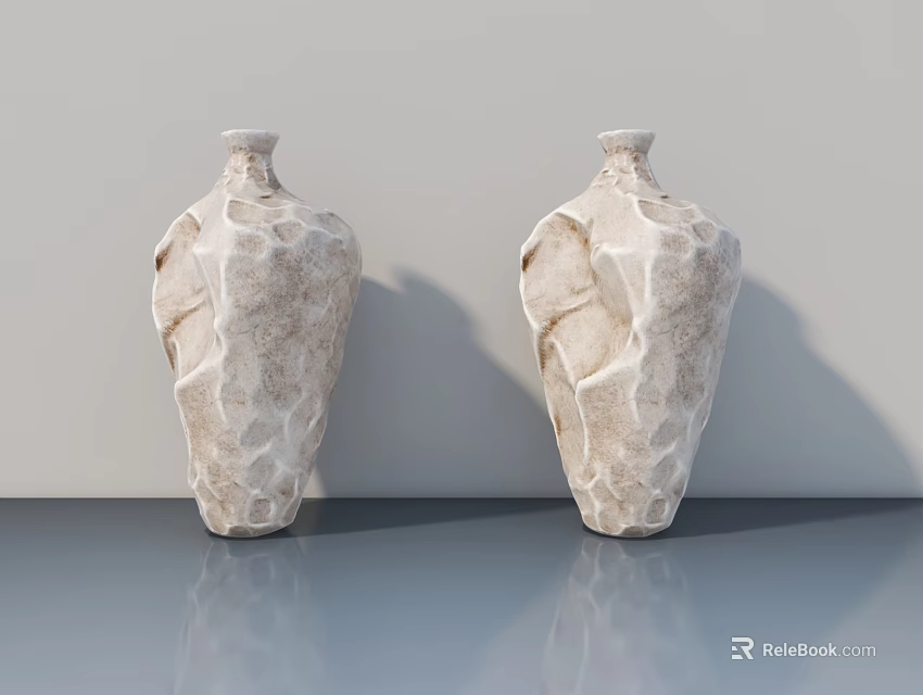 Two White Textured Vases Placed On Gray Reflective Surface With Light Background 3d model