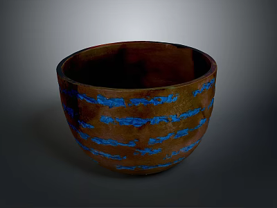 Hand Carved Wooden Bowl With Brown Body And Blue Striped Patterns 3d model