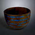 Hand Carved Wooden Bowl With Brown Body And Blue Striped Patterns