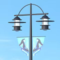 Outdoor Light With Two Black Lamp Heads And Blue Banners Featuring Silhouette Figures