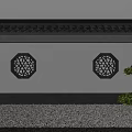 Chinese Style Building Exterior Wall With Lattice Windows Gray Eaves And Green Plants