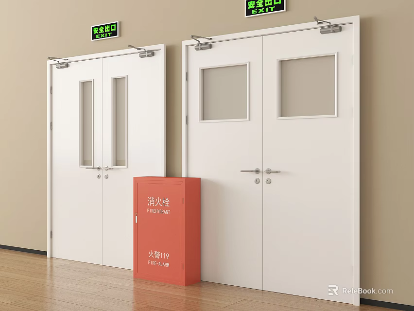 White Fire Doors With Emergency Exit Signs And Red Fire Hydrant Box 3d model 