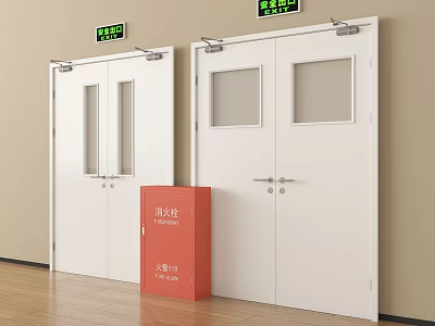 White Fire Doors With Emergency Exit Signs And Red Fire Hydrant Box 3d model