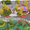 Vibrant Park Landscape with Colorful Circular Structures Red White Concentric Ground Yellow Trees Green Lawn