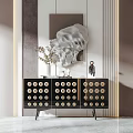Black Entryway Sideboard Cabinet With Gold Circular Knobs And Decorative Items On Sleek Modern Wall 3d model