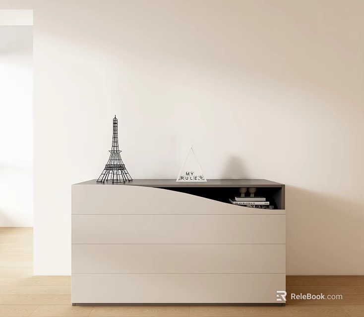 White Dresser With Eiffel Tower Model Triangular Decor And Books In Modern Interior 3d model 