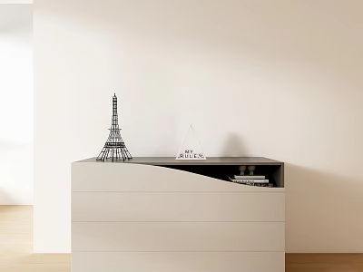 White Dresser With Eiffel Tower Model Triangular Decor And Books In Modern Interior 3d model