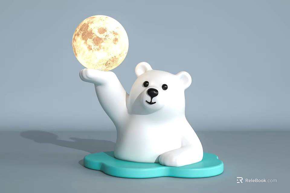 Cute White Polar Bear Table Lamp with Blue Cloud Shaped Base and Glowing Moon Light 3d model 