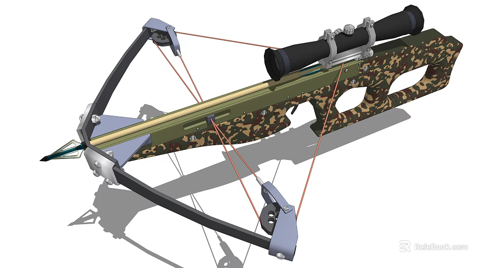 Tactical Camouflage Crossbow With Mounted Scope And Mechanical Bowstring System Design 3d model 