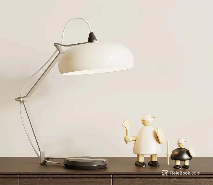 Modern Table Lamp With White Lampshade Metal Arm And Black Base With Decorative Figurines 3d model 