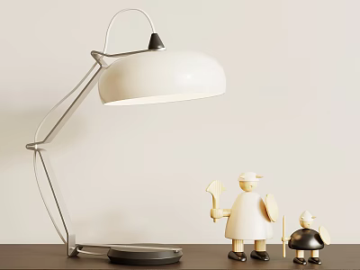 Modern Table Lamp With White Lampshade Metal Arm And Black Base With Decorative Figurines 3d model