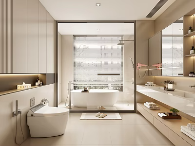 Modern Bathroom Interior With Freestanding Bathtub Toilet Vanity Mirror And Cabinets 3d model