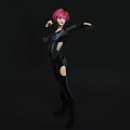 Pink Haired Woman In Black Outfit With Blue Lines Holding Black Device On Black Background