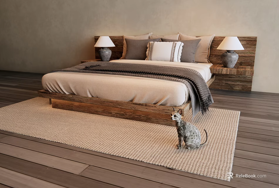 Cozy Double Bed With Wooden Headboard Bedside Tables Lamps And Cat On Rug 3d model 