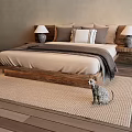 Cozy Double Bed With Wooden Headboard Bedside Tables Lamps And Cat On Rug