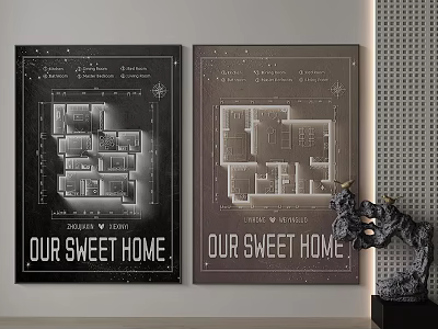 Decorative Photo Frames With House Floor Plans And Our Sweet Home Text On Wall 3d model