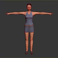 Young Woman in Blue Tank Top and Skirt with Arms Outstretched Against Gray Background