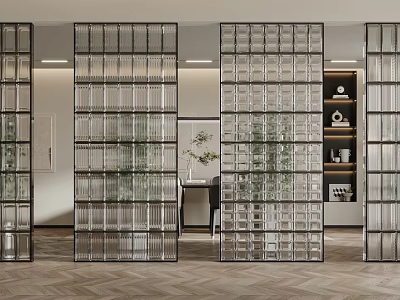 Modern Interior Design Featuring Glass Block Partition With Green Plants And Wooden Floor 3d model