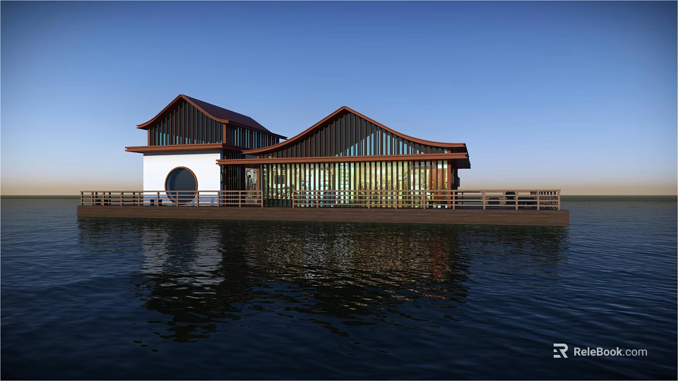 Traditional Wooden Boat With Chinese Style Roof And Wooden Railing On Water Surface 3d model 
