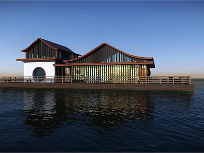 Traditional Wooden Boat With Chinese Style Roof And Wooden Railing On Water Surface 3d model