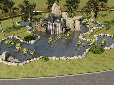 Rockery Stones With Waterfall In Garden Pond Surrounded By Water Lilies And Palm Trees 3d model