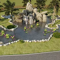 Rockery Stones With Waterfall In Garden Pond Surrounded By Water Lilies And Palm Trees