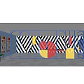 Modern Partition With Blue Frame Black White Striped Wall And Colorful Geometric Shapes
