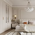 Elegant Bedroom With Tufted Headboard Cream Bedding White Ball Chandelier Orange Armchair Black White Pattern Rug