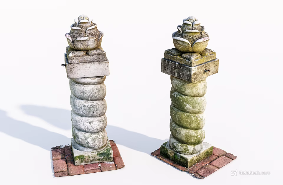 Vintage Stone Pillars With Spiral Design Decorative Tops And Red Brick Bases 3d model 