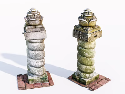 Vintage Stone Pillars With Spiral Design Decorative Tops And Red Brick Bases 3d model