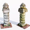 Vintage Stone Pillars With Spiral Design Decorative Tops And Red Brick Bases