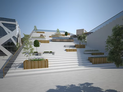 Modern Garden Landscape Design With Stepped Terraces Wooden Planters And Greenery 3d model