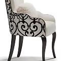 White Upholstered Accent Chair With Black Ornate Scroll Design Curved Legs And Fluffy Pillow