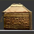 Ancient Golden Carved Box With Intricate Animal Motifs Decorative Details And Wooden Base