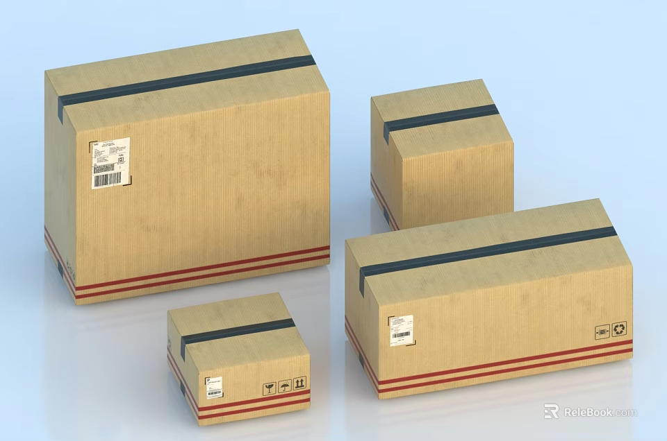 Brown Cardboard Boxes with Black Red Stripes and Labels in Different Sizes 3d model 