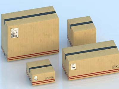 Brown Cardboard Boxes with Black Red Stripes and Labels in Different Sizes 3d model
