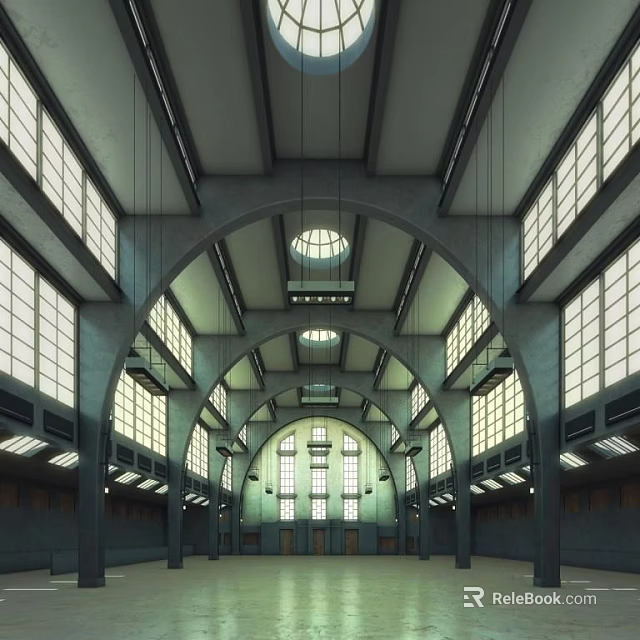 Industrial Style Interior with Arched Structures Large Windows Skylights and High Ceiling 3d model