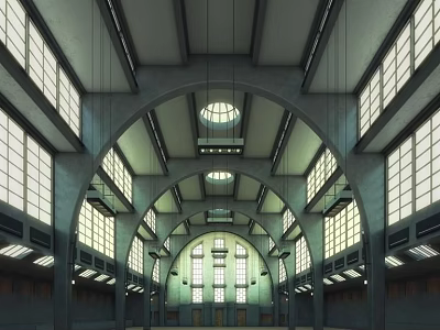 Industrial Style Interior with Arched Structures Large Windows Skylights and High Ceiling 3d model