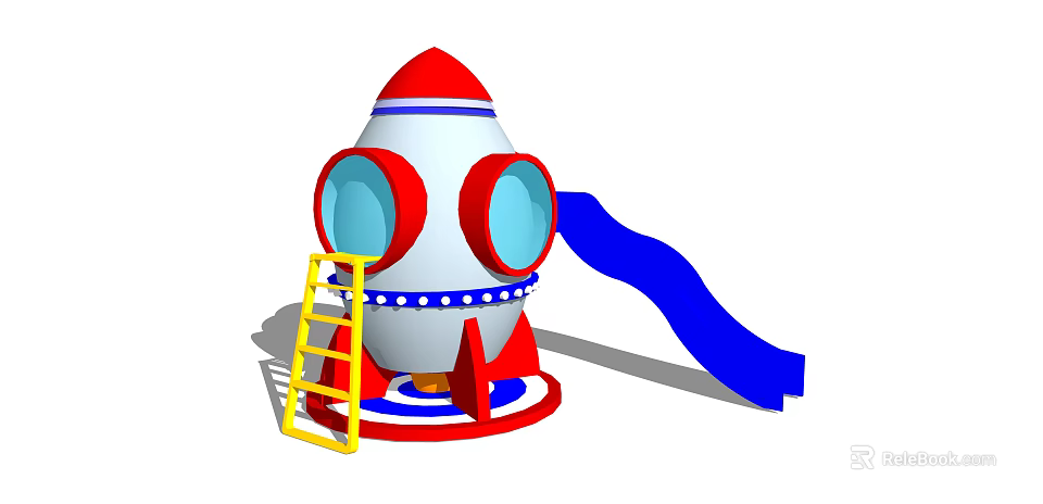 Rocket Shaped Playground Equipment With Blue Slide Yellow Ladder And White Red Decor 3d model 